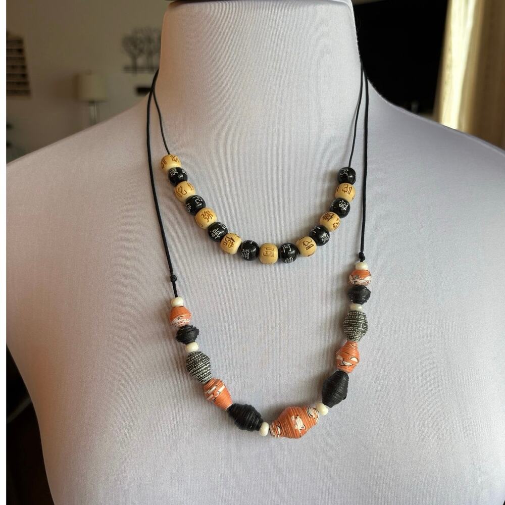Women's Two Piece Layered Necklaces Neutral Black Tan Beaded Hippie Festival